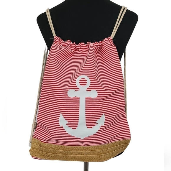 Trïbe Canvas & Rattan Nautical Red & White Striped Drawstring Backpack … - Picture 1 of 6